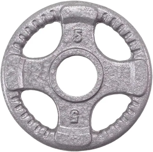 Vista 4 de Body-Solid Juego de discos olímpicos de hierro fundido con diseño de agarre cuádruple, pesas libres, placas de mancuernas, agujero estándar de 2