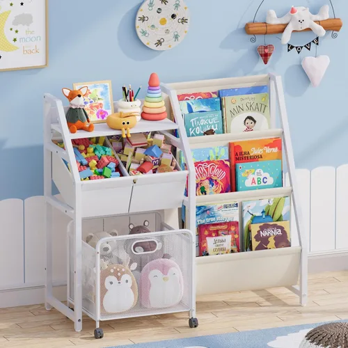 Vista 7 de Estantería para niños y organizador de almacenamiento de juguetes, estante de 3 niveles para habitaciones de niños con cajón móvil, estantería