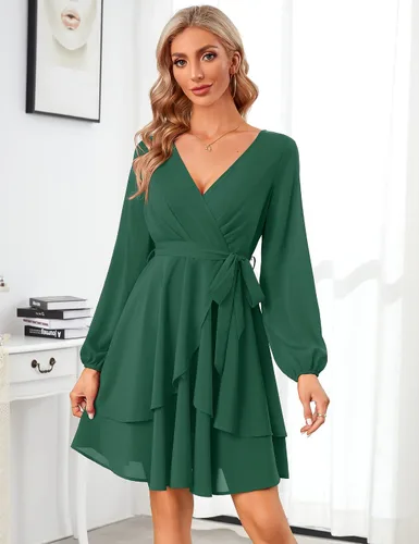 Vista 2 de KOJOOIN Vestidos de patinadora para mujer, sexy, cuello en V, manga corta, lazo en la cintura, con volantes, bohemio, con vuelo, mini vestido