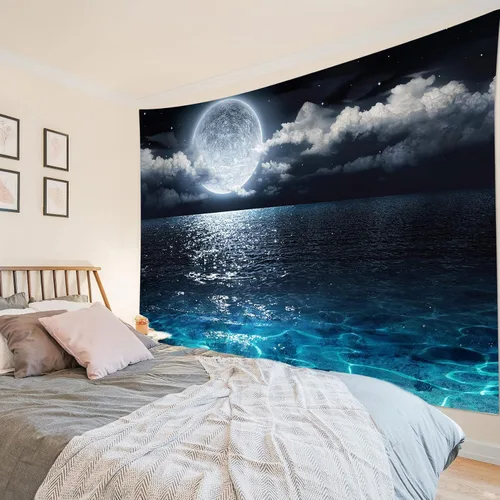 Vista 5 de LB Tapiz de cielo nocturno y océano, tapiz de luna llena sobre el agua, tapiz para colgar en la pared, tapiz de fantasía mágica de acuarela 3D, arte