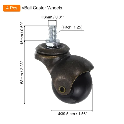 Vista 2 de uxcell - 4 ruedas de bola de 1.5 pulgadas con eje roscado, ruedas giratorias de 360 grados para muebles, tono bronce