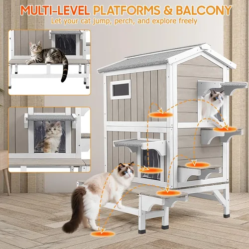 Vista 6 de PetsCosset Casa Aislada para Gatos de Exterior Resistente a la Intemperie con Balcón, Aislamiento Integral, Refugio de Madera para Gatos Ferales