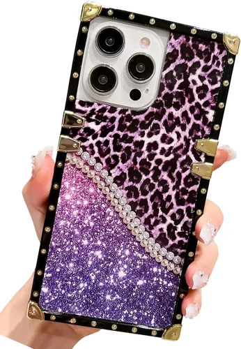 Vista 13 de Funda cuadrada de lujo compatible con iPhone 13 Pro Max de 6.7 pulgadas, funda de leopardo brillante, silicona suave y brillante a prueba de golpes
