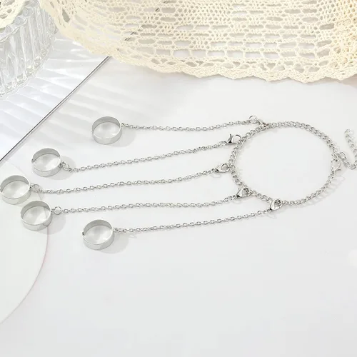 Vista 6 de Pulsera de metal con anillo de dedo para mujer, pulsera de anillos de dedo de cadena, pulsera punk con borla y anillo, cadena ajustable, arnés
