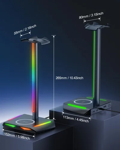 Vista 4 de New Bee Soporte para auriculares RGB con 2 puertos de carga USB-C y 1 USB