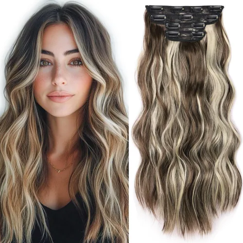 Vista 18 de Extensiones de cabello rubio con clip, de 22 pulgadas, extensiones de cabello largo y rizado con clip, 4 unidades, extensiones de cabello sintético