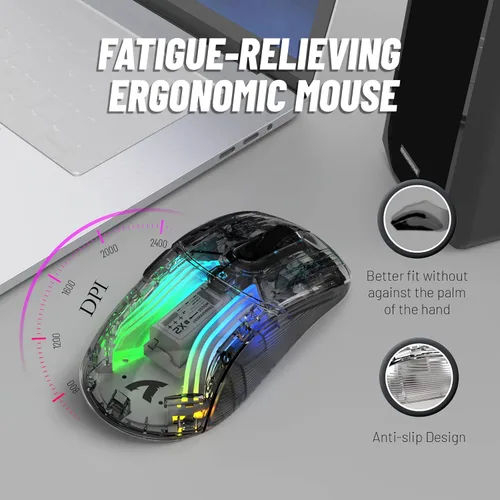 Vista 6 de Mouse inalámbrico para juegos con diseño totalmente transparente, mouse de triple modo 2.4 GUSB-CBluetooth, retroiluminación RGB 3D, mouse