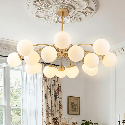 Vista 14 de Longree Sputnik - Lámpara de techo semiempotrada con forma de globo de vidrio de leche de 6 luces, color dorado, arte de mediados de siglo, moderna