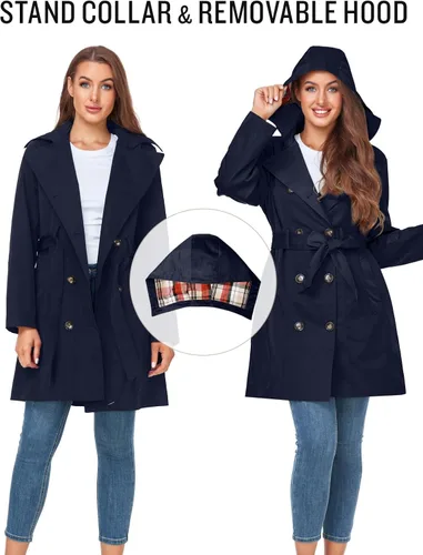 Vista 3 de SaphiRose Gabardina impermeable para mujer con doble botonadura larga con capucha extraíble