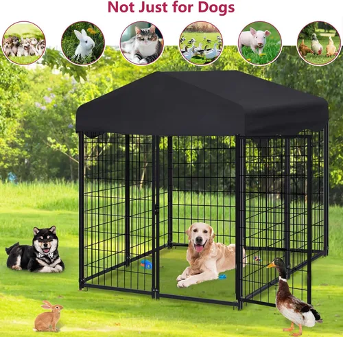 Vista 7 de Perrera para perros en el exterior, 4.5 x 4 x 4 pies, con techo para perros medianos y pequeños, jaula para perros al aire libre con cubierta