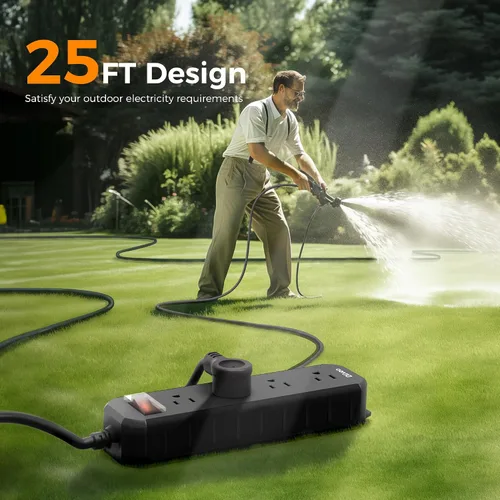 Vista 2 de Regleta de alimentación para exteriores resistente a la intemperie, cable de extensión de 25 pies, protector de sobretensiones impermeable Diivoo