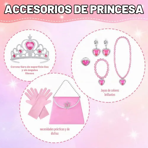 Vista 4 de Vicloon Juego de 11 capas de princesa, capa de princesa con corona, varita, joyas y bolsa, ropa de vestir de princesa para niñas pequeñas, capa