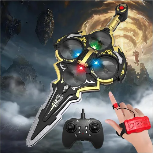 Vista 9 de Drone RC con espada voladora mejorada con luces LED coloridas, avión de control remoto de metal ABS con control de gestos manuales y reloj Oro