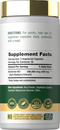 Vista 2 de Carlyle Suplemento de berberina HCL 500,000mcg 60 cápsulas