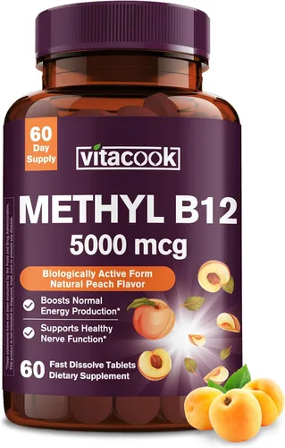 Vitamina B12 sublingual, metilcobalamina 5000mcg para la producción de energía | Energía, apoyo nervioso y celular, sabor natural a melocotón,