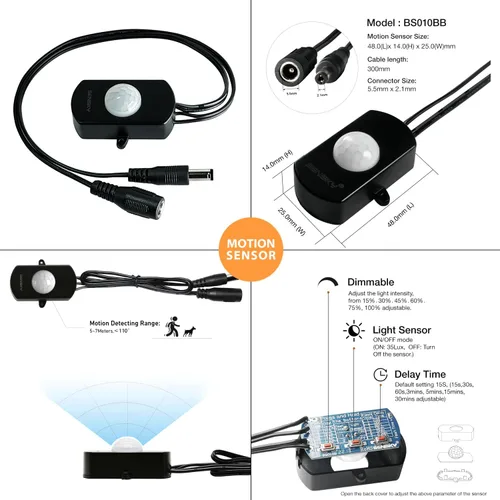 Vista 3 de Kit de iluminación LED con sensor de movimiento regulable Sensky para debajo del gabinete, tira de luz LED con sensor de movimiento, adaptador