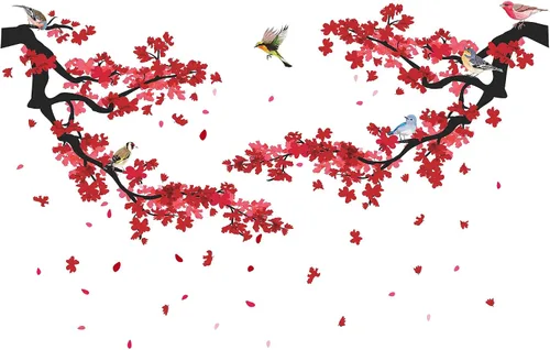 Vista 9 de Calcomanías románticas de pared de flores rojas 3D, ramas de árbol florales de ciruela, calcomanías de pared para bricolaje, flores de cerezo