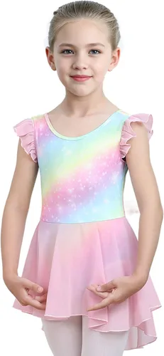Vista 4 de iLover Vestido de leotardo clásico con tutú y mangas con volantes para niñas, para danza, gimnasia y ballet
