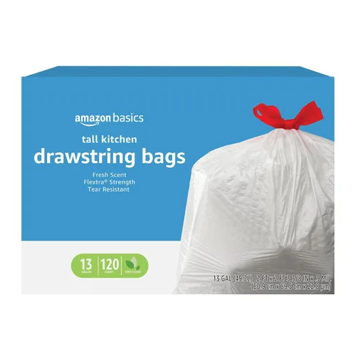 Vista 8 de Amazon Basics Flextra Strength - Bolsas de basura altas con cordón para cocina, aroma fresco, resistentes a desgarros, 13 galones, 50