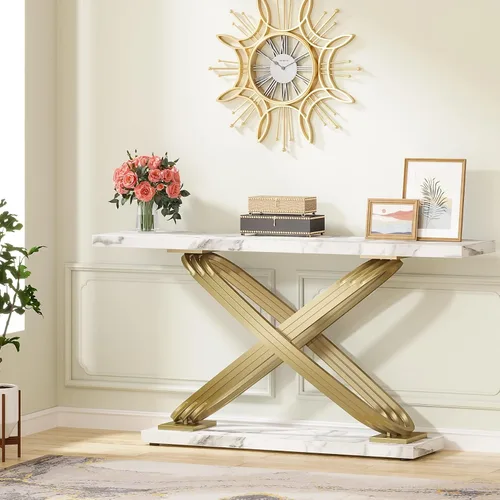 Vista 2 de Consola moderna de mármol de 55 pulgadas, mesa larga, estrecha, rectangular, para sala de estar, color dorado y blanco glamuroso, metal, madera