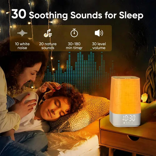 Vista 3 de Máquina de Ruido Blanco con 30 Sonidos Relajantes, Temporizador de Sueño, Lámpara de Mesita de Noche Regulable con Luz Nocturna y Reloj, Reloj