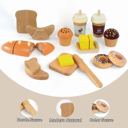 Vista 7 de PairPear - Juego de juguetes de panadería de madera, accesorios de cocina de alimentos de simulación para niños con bolsa de compras, juguetes