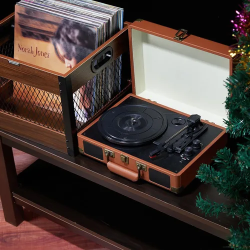 Vista 2 de X-cosrack Caja de almacenamiento de discos de vinilo, organizador de discos LP de madera, con capacidad para 60 a 80 discos cada uno, 2 paquetes