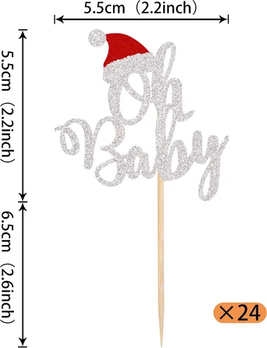 Vista 2 de Paquete de 24 Adornos Navideños Oh Baby para Cupcakes con Sombrero de Navidad con Purpurina, Palillos de Comida para Baby Shower para Niños y Niñas