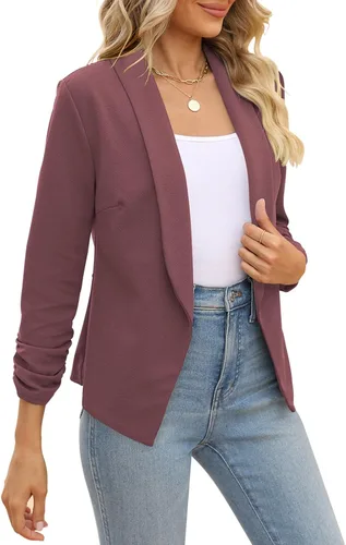 Vista 4 de POGTMM - Blazer de manga de 34 para mujer, con parte delantera abierta, chaqueta estilo cárdigan para uso en el trabajo o la oficina