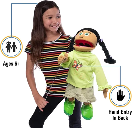 Vista 2 de Jazmín de 25 pulgadas, niña hispana, cuerpo completo, marioneta estilo ventrílocuo