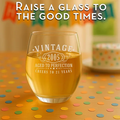 Vista 6 de Vintage 2005 Grabado Stemless Copa de vino 21 cumpleaños regalos ella 1.0 Claro