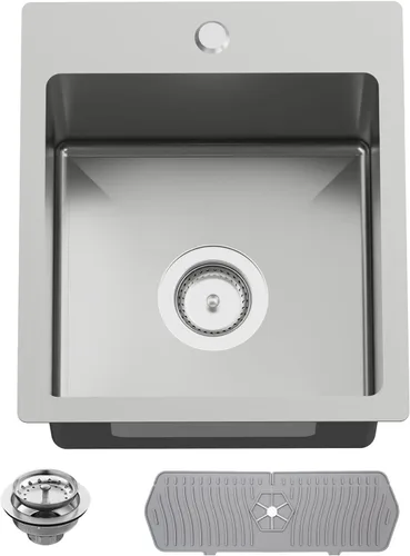 Vista 19 de Fregadero Negro de Cocina y Bar, Fregadero de Cocina de Acero Inoxidable de 15 x 17 Pulgadas para Empotrar, Fregadero de Bar Moderno de Un Solo