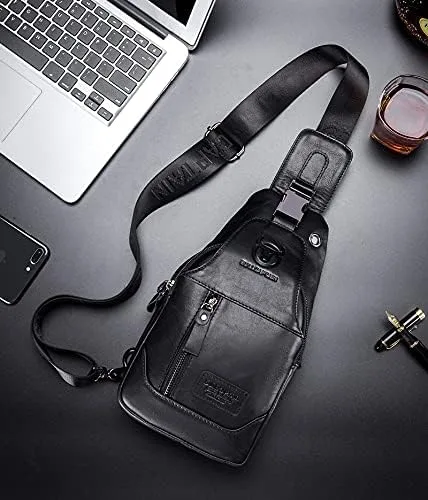 Vista 4 de BULLCAPTAIN Bolso cruzado de cuero genuino para hombre bolsas de pecho para viajes senderismo hombro Negro