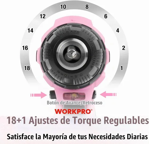 Vista 5 de WORKPRO Taladro inalámbrico rosa de 12 V y kit de herramientas para el hogar, juego de herramientas manuales para bricolaje, mantenimiento