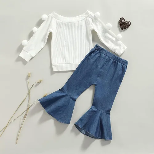 Vista 3 de Nie Cuimeiwan Otoño Invierno Bebé Niña Bell Bottoms Traje Mamas Girl Ropa Sudadera Top Floral Flare Pantalones Conjunto