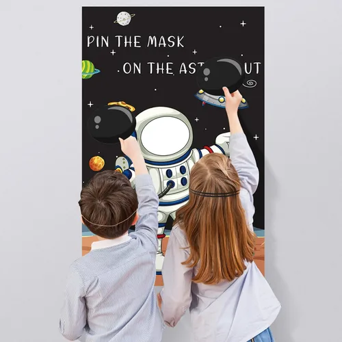 Vista 4 de Hooqict Pin The Mask on The Astronaut Space Party Games for Kids Juego de cumpleaños Astronauta Sistema Solar Decoración de fiesta temática