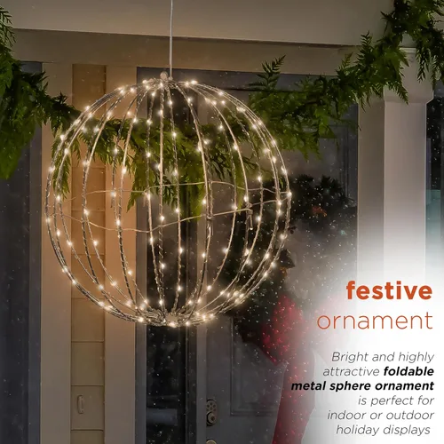 Vista 5 de Alpine Corporation Adorno colgante de metal plegable para interiores y exteriores de 16 pulgadas de alto, con luces LED blancas cálidas, decoración