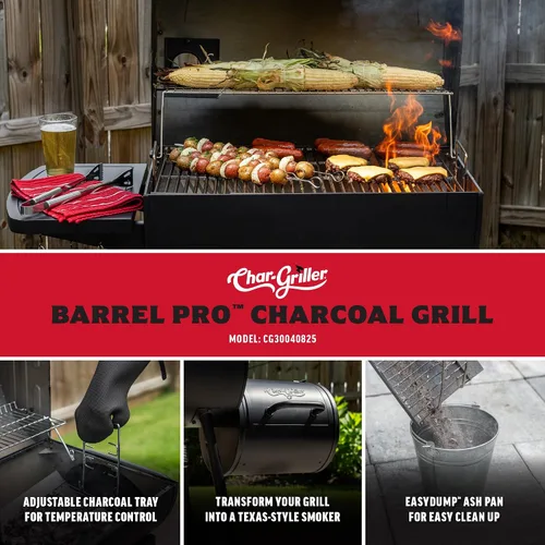 Vista 3 de Char-Griller Barrel Pro - Parrilla de carbón con combustible de carbón, bandeja de carbón ajustable, bandeja de cenizas EasyDump, área de cocción