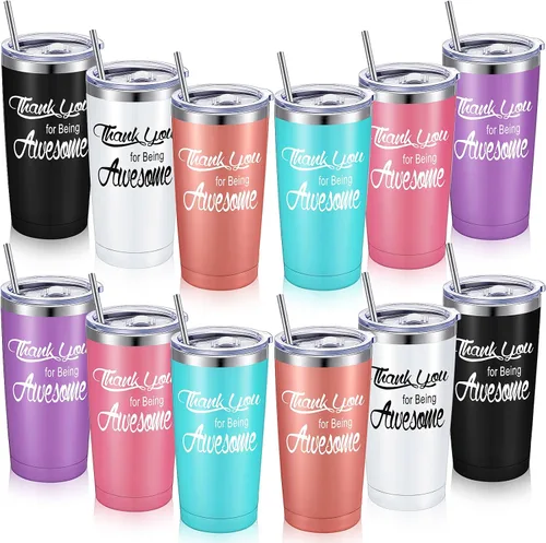 Vista 8 de Jinei Paquete de 24 vasos con la frase "Thank You for Being Awome", regalos de agradecimiento a los empleados, vasos aislados de acero inoxidable