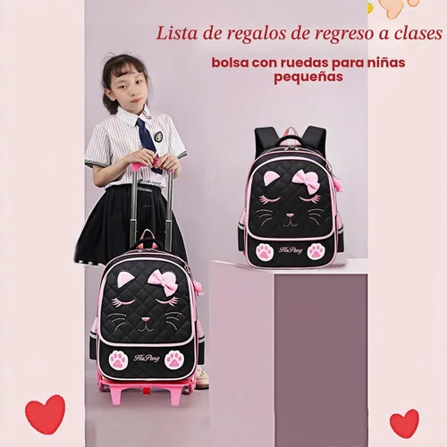 Vista 2 de MITOWERMI Mochila con ruedas para niñas, mochila escolar con cara de gato, mochilas con ruedas, equipaje de viaje de mano 2 Ruedas Negro