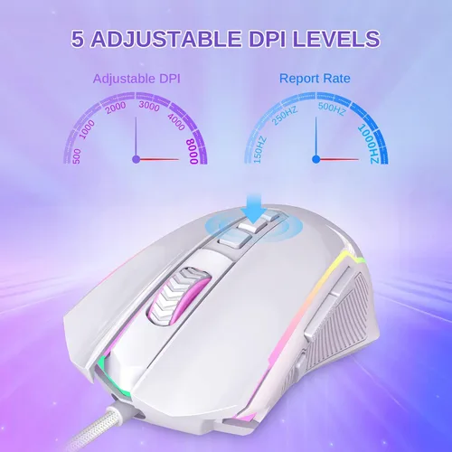 Vista 3 de Redragon Ratón para juegos, mouse blanco con cable con retroiluminación RGB, 8000 DPI ajustable, ratones para juegos de PC con 9 botones macro