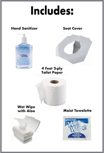 Vista 3 de Paquete de baño portátil de viaje de un solo uso con funda de asiento, papel higiénico de 2 capas (4 pies), toallitas húmedas y desinfectante