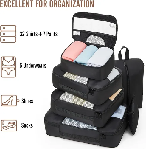Vista 5 de Veken Juego de 8 cubos de embalaje para maletas, artículos esenciales de viaje para equipaje de mano, juego de bolsas organizadoras de equipaje