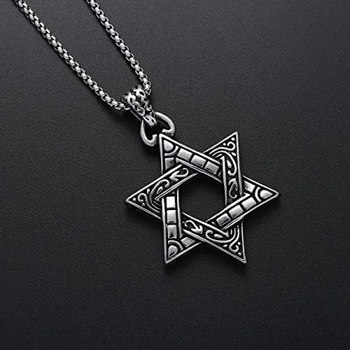 Vista 3 de pickyegg.com Collar con dije de estrella hexagonal de 6 puntos de acero inoxidable para hombre, Metal, Sin gemas.