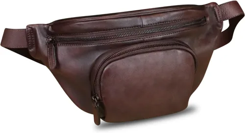 Vista 3 de Riñonera de cuero genuino para mujeres y hombres, bolso cruzado de cuero real vintage, bolso cruzado de moda para la cintura, Café, Riñonera