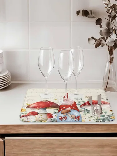 Vista 8 de Tapete de secado de platos de hongos para encimera de cocina, gnomos rojos, tapete de cocina de primavera, almohadilla de secado de microfibra