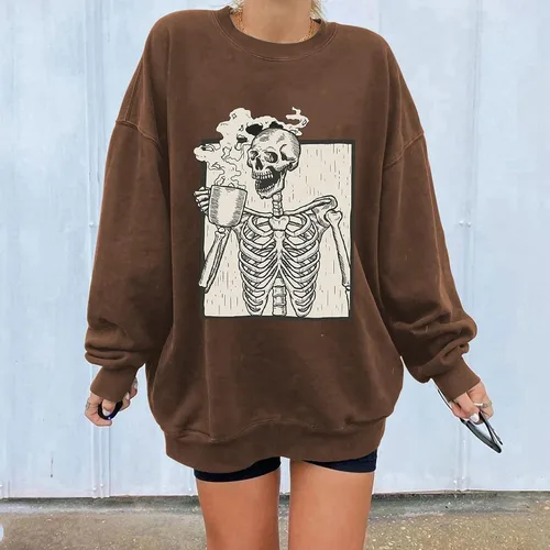 Vista 2 de Meladyan - Sudadera de forro polar con estampado de calavera de Halloween de gran tamaño, cuello redondo, manga larga, hombros caídos
