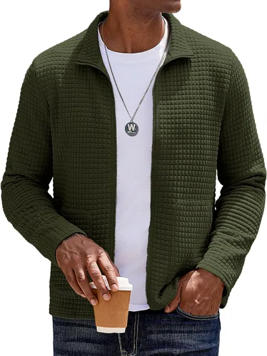 Vista 17 de COOFANDY Chaqueta Varsity Ligera para Hombre Chaquetas Bomber Casuales Sudaderas Waffle con Cremallera y Bolsillo