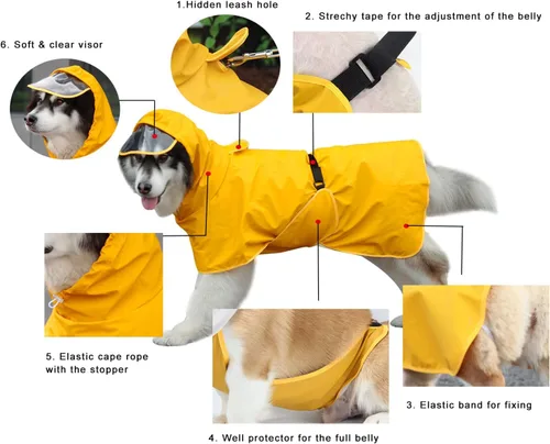 Vista 5 de Impermeable para perro, abrigo de lluvia reflectante ajustable con capucha, chaqueta de lluvia ligera para perro, poncho deslizante con agujero