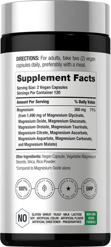 Vista 2 de Horbäach Complejo de magnesio 1490 mg 240 cápsulas 10 formas de magnesio elemental Vegano, sin OMG, sin gluten